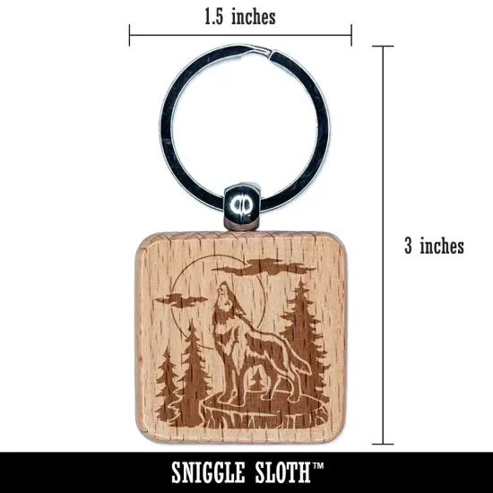 Wild Wolf Howling At the Moon in Forest Engraved Wood Square Keychain Tag Charm {2}