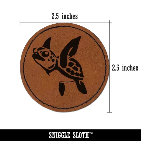 Baby Green Sea Turtle Swimming In Ocean Round Iron-On Engraved Faux Leather Patch Applique - 2.5" Brown {3}