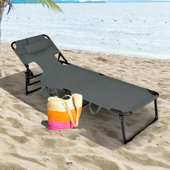 Folding Beach Lounge Chair with Pillow for Outdoor Grey {1}