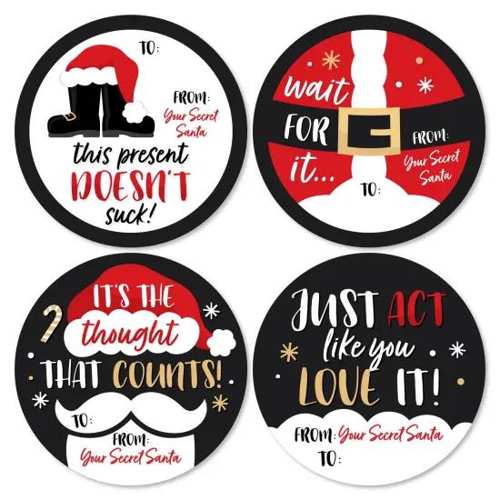 Big Dot of Happiness Secret Santa - Round Christmas Gift Exchange Party To and From Gift Tags - Large Stickers - Set of 8 {7}