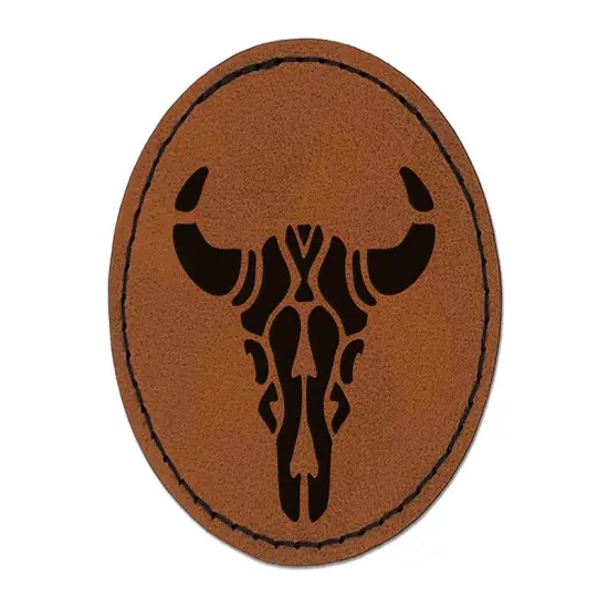 Southwestern Style Tribal Bull Cow Skull Round Iron-On Engraved Faux Leather Patch Applique - 2.5" Brown {1}