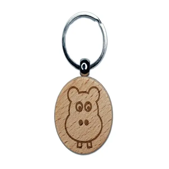 Cute Hippopotamus Face Engraved Wood Round Keychain Tag Charm {1}