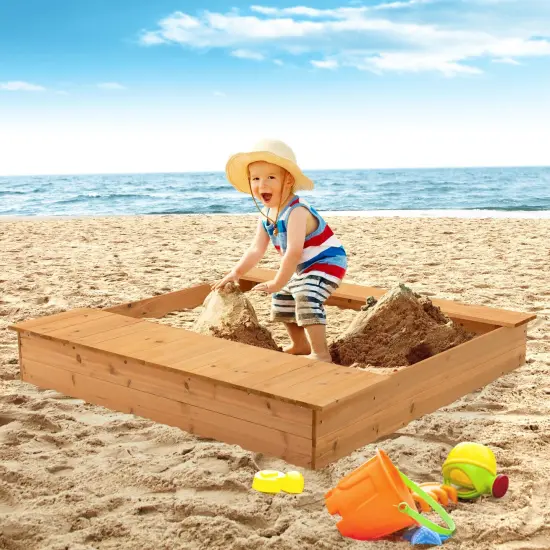 Kids Wooden Sandbox with Bench Seats and Storage Boxes {6}