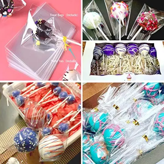 300 Pieces Cake Pop Sticks and Wrappers Kit, Including 100ct 6-inch Paper Lollipop Sticks, 100ct Clear Candy Treat Bags Parcel, 100ct Gold Twist Ties for Cakepop, Lollipop, Hard Candy, Suckers, Chocolate {6}