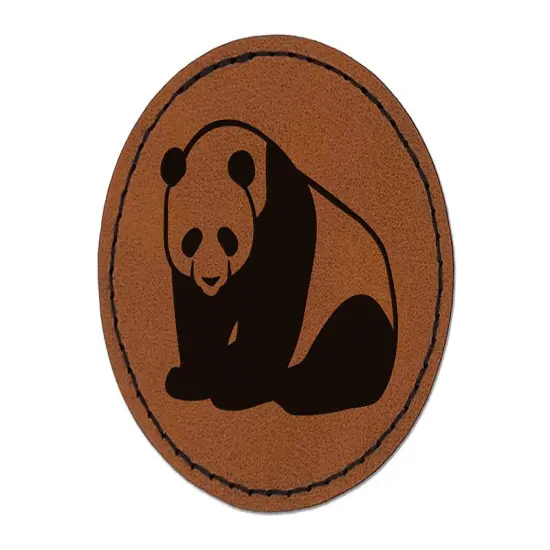 Cute Giant Panda Bear Sitting Round Iron-On Engraved Faux Leather Patch Applique - 2.5" Brown {1}