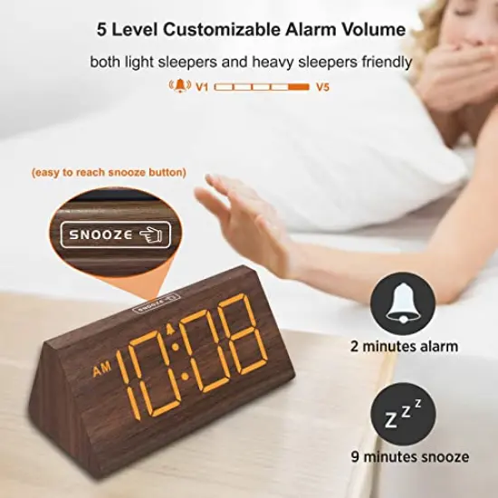 Wooden Digital Alarm Clocks for Bedrooms - Electric Desk Clock with Large Numbers, USB Port, Battery Backup Alarm, Adjustable Volume, Dimmer, Snooze, DST, 12/24H, Wood D&eacute;cor (Brown) {5}