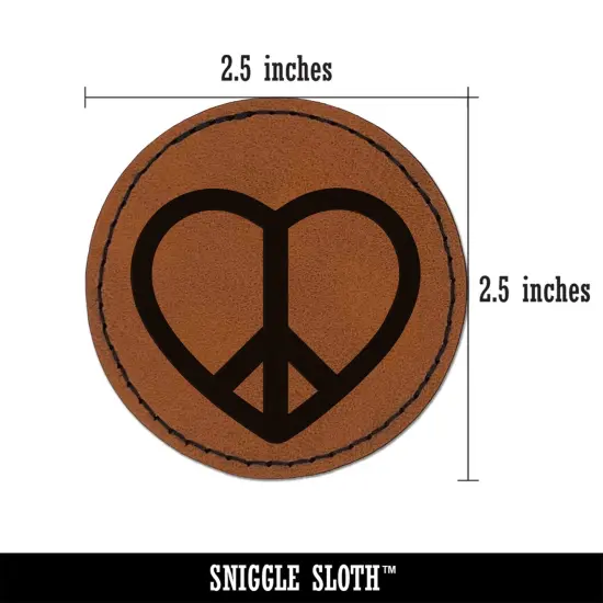 Peace Symbol in Heart Round Iron-On Engraved Faux Leather Patch Applique - 2.5" Brown {3}