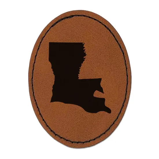 Louisiana State Silhouette Round Iron-On Engraved Faux Leather Patch Applique - 2.5" Brown {1}