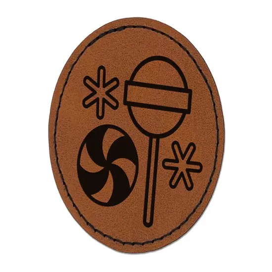 Holiday Christmas Peppermint Lollipop Candy Round Iron-On Engraved Faux Leather Patch Applique - 2.5" Brown {1}