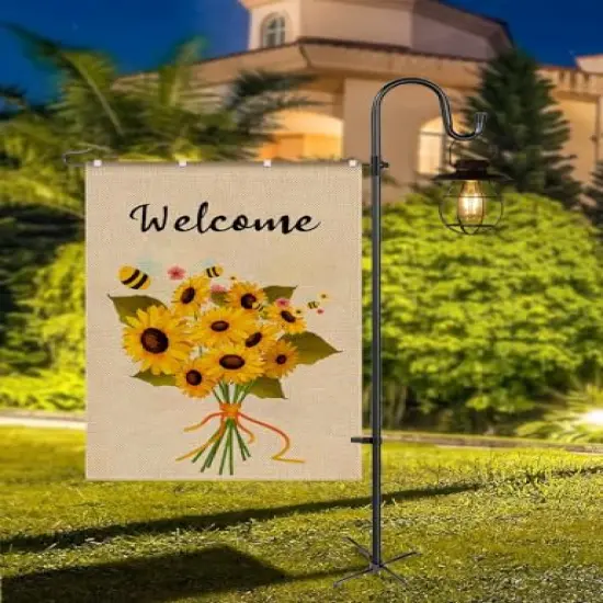 Large Garden Flag Holder Stand Pole for 28 x 40 Flags with Shepherds Hooks for Outdoor - 60 Inches Heavy Duty Yard Flag Post Stake Perfect for Outdoor Decor(Without Solar Lights & Flag) {3}