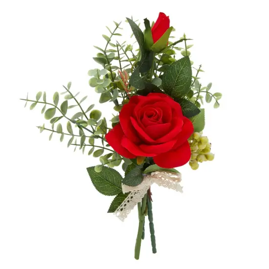 Red Rose and Eucalyptus Artificial Flower Bouquet {1}