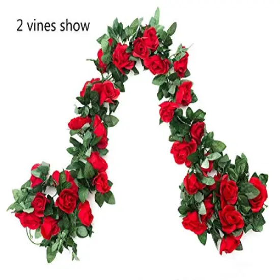 2 Pack (16FT) Artificial Rose Vine Flowers Plants Fake Flower Vine for Wedding Home Party Garden Craft Art Decor Red {4}