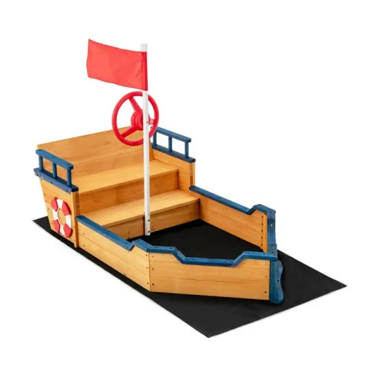 Kids Pirate Boat Wooden Sandbox Children Outdoor Playset {1}