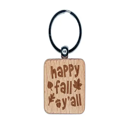 Happy Fall Y'all Engraved Wood Square Keychain Tag Charm {1}