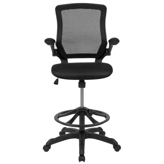 Emma and Oliver Mid-Back Mesh Ergonomic Drafting Chair with Foot Ring and Flip-Up Arms Black {3}