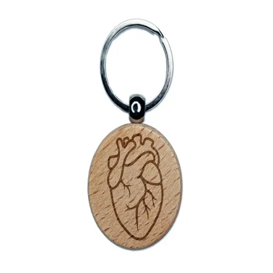 Realistic Human Heart Engraved Wood Round Keychain Tag Charm {1}