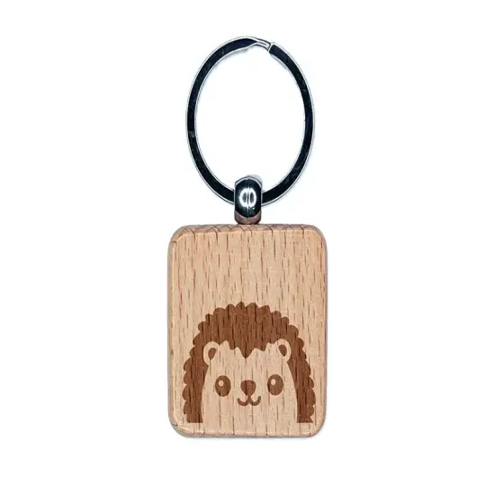 Peeking Hedgehog Engraved Wood Square Keychain Tag Charm {1}