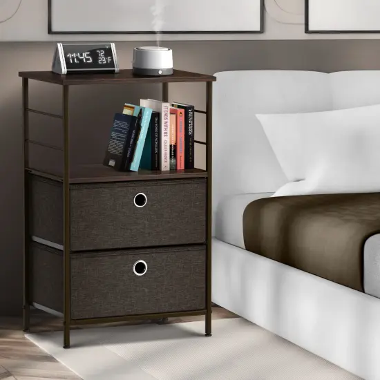 Sorbus Nightstand 2-Drawer Shelf Storage - Bedside Furniture & End Table Chest Dresser with Steel Frame, Wood Top & Easy Pull Fabric Bins for Home, Bedroom, Closets, Bathroom, Office & College Dorm Brown {5}