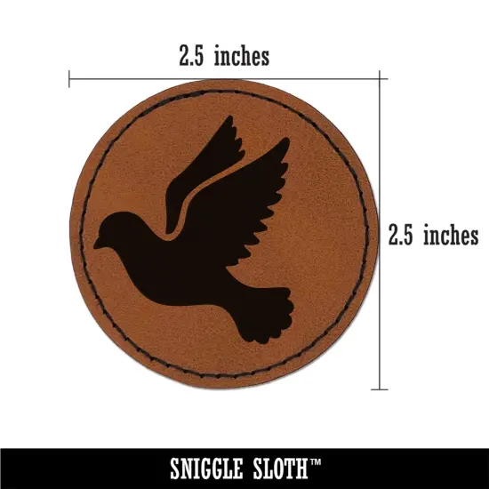 Dove Flying Silhouette Bird Round Iron-On Engraved Faux Leather Patch Applique - 2.5" Brown {3}