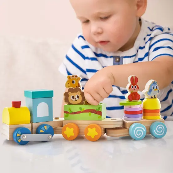 Costway Wooden Stackable Train Set Kids Educational Fun Cars with Animal Toys & Locomotive {4}