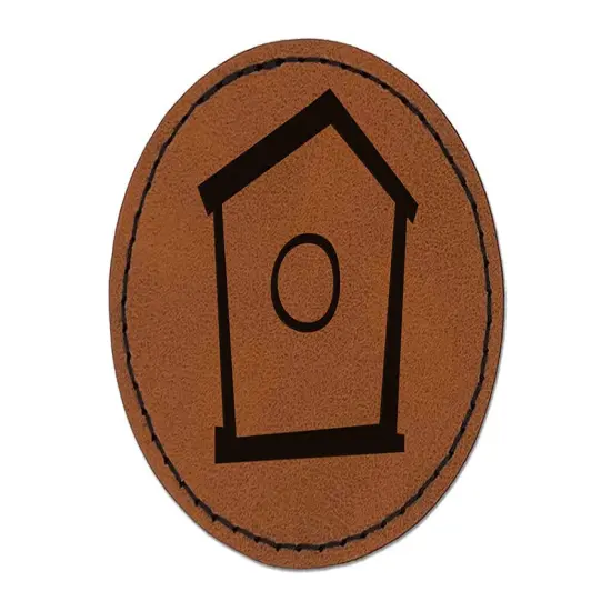 Birdhouse Doodle Round Iron-On Engraved Faux Leather Patch Applique - 2.5" Brown {1}