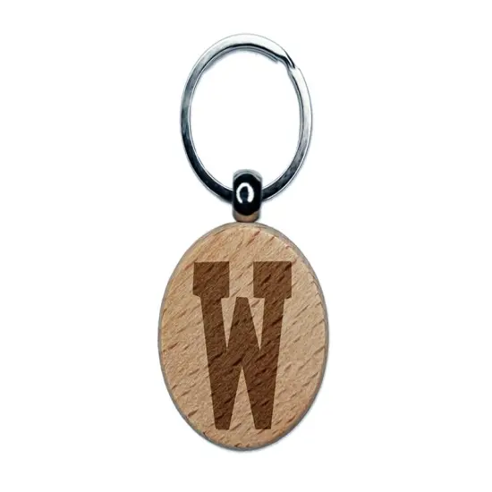 Letter W Uppercase Fun Bold Font Engraved Wood Round Keychain Tag Charm {1}