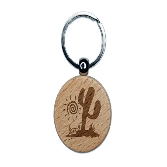 Saguaro Cactus Sonoran Desert Bull Skull Engraved Wood Round Keychain Tag Charm {1}