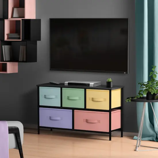 Sorbus Dresser with 5 Drawers - Storage Chest Organizer Unit with Steel Frame, Wood Top, Easy Pull Fabric Bins - Long Wide TV Stand for Bedroom Furniture, Hallway, Closet & Office Organization Pastel black {2}