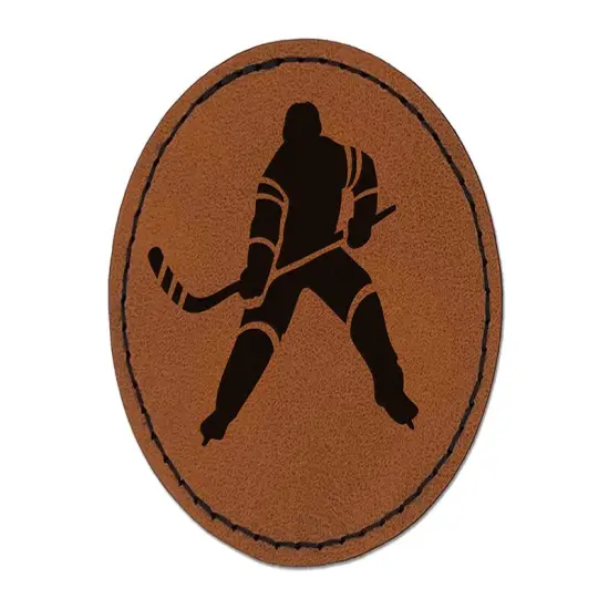 Hockey Player Holding Hockey Stick Round Iron-On Engraved Faux Leather Patch Applique - 2.5" Brown {1}