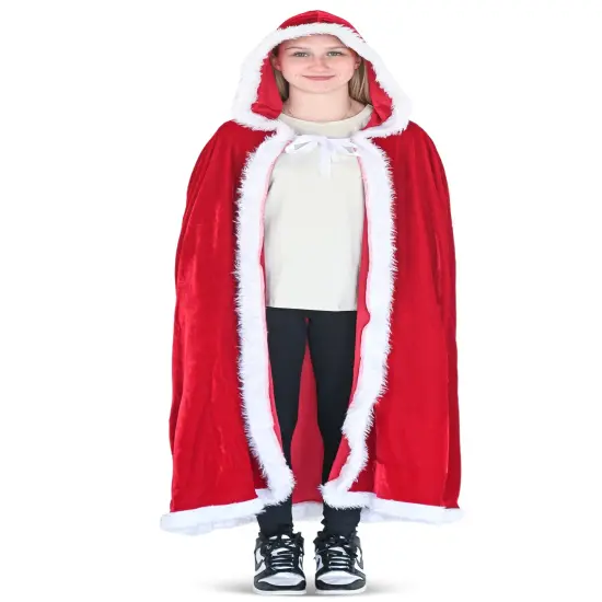 Skeleteen Red Velvet Santa Cape - Long Red Velour Hooded Cloak with White Fur Trimming Christmas Holiday Santa Claus and Mrs Claus Costume Robe with Hood - For Adults and Kids {1}