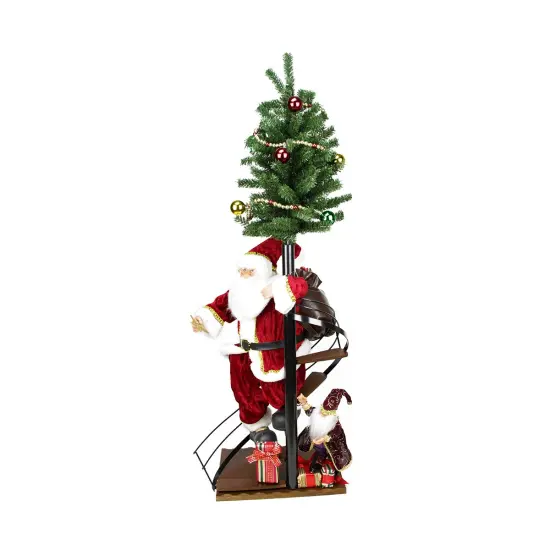 Northlight 50" Santa Claus on Spiral Staircase with Tree and Elf Christmas Figure Red {1}