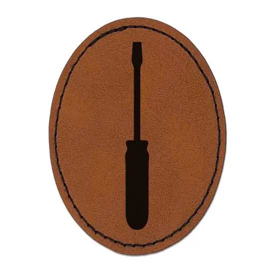 Screwdriver Silhouette Woodworking Tools Round Iron-On Engraved Faux Leather Patch Applique - 2.5" Brown {1}