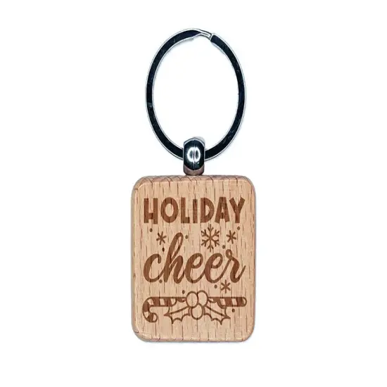 Christmas Holiday Cheer Candy Cane and Holly Engraved Wood Square Keychain Tag Charm {1}