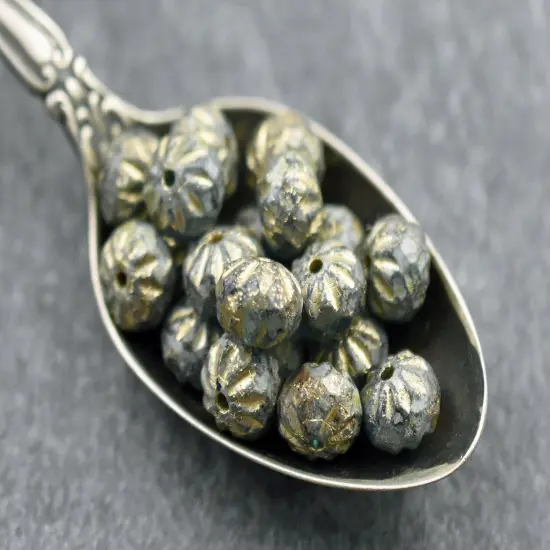 *25* 6x9mm Gold Washed Etched Pacific Blue Picasso Cruller Rondelle Beads {3}