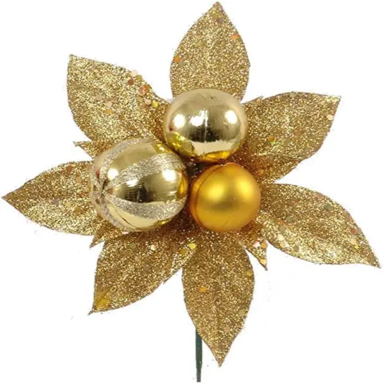Set of 12: Sparkling Gold Glitter Poinsettia Flower Picks with 3 Ornament Balls | Festive Holiday Accents | Trees, Wreaths, & Garlands | Christmas Picks | Home & Office Decor - 2024 Christmas Collection, Floral Home by Artificial Flowers {1}