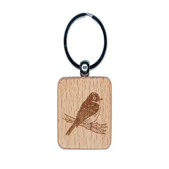 Phoebe Bird on a Branch Engraved Wood Square Keychain Tag Charm {1}