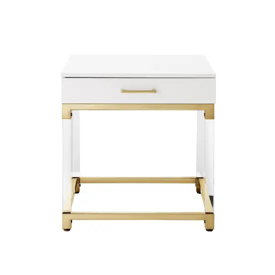 Caspian High Gloss Acrylic Leg Metal Base Side/Accent Table Nightstand White/Gold {2}