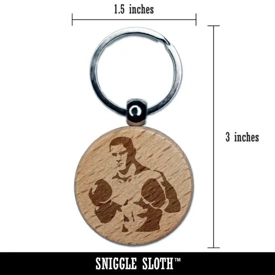 Boxer Man with Boxing Gloves Pugilist Engraved Wood Round Keychain Tag Charm {2}
