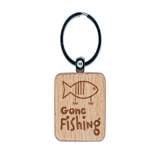 Gone Fishing Lure Fun Text Engraved Wood Square Keychain Tag Charm {1}