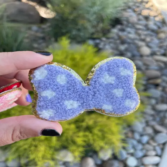 Lavender Polka Dot Bow Glitter Chenille Patch (iron on) {1}