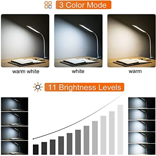Clip on Light LED Desk Lamp with Eye-Caring LED Light and Metal Clip, 11 Level Brightness 3 Color Modes, Power by USB Port 5W Flexible Gooseneck Reading Light for Home and Office (5W, White) {4}