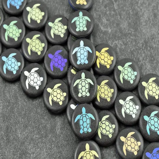 *8* 17mm Opaque Satin Jet AB Laser Tattoo Turtle Coin Beads {2}