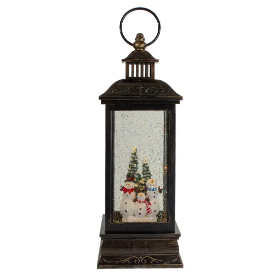 Northlight LED Snowman Family Brushed Christmas Lantern Snow Globe - 11" - Black and Gold {1}