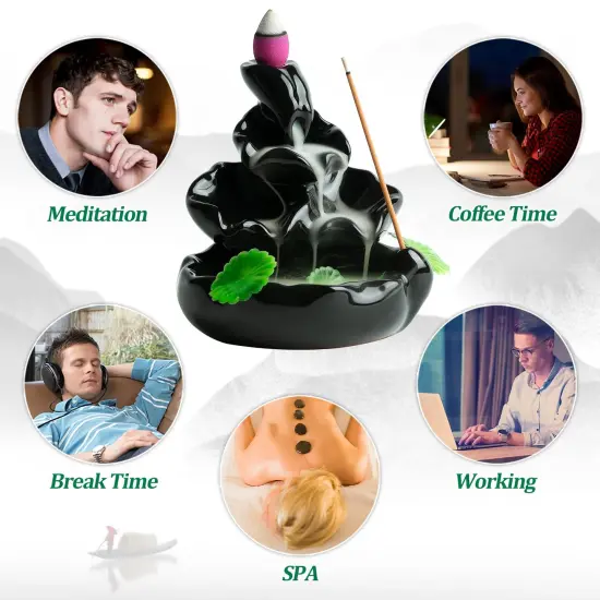 Cute Ceramic Backflow Incense Holder Waterfall Incense Burner with 48 Incense Cones and 30 Incense Stick, Incense Fountain for Home Decor, Desk Decor(Black) {6}