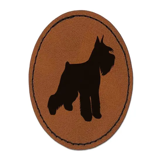 Miniature Schnauzer Dog Solid Round Iron-On Engraved Faux Leather Patch Applique - 2.5" Brown {1}