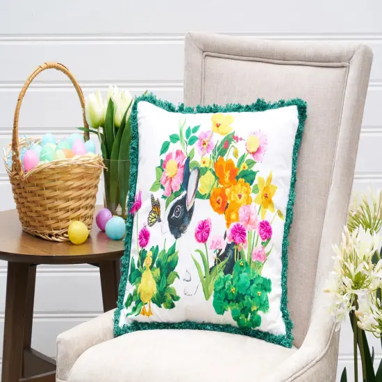 Bunny Floral Spring Printed and Embellished Spring Easter Themed Accent Throw Pillow, 18" x 18" {5}