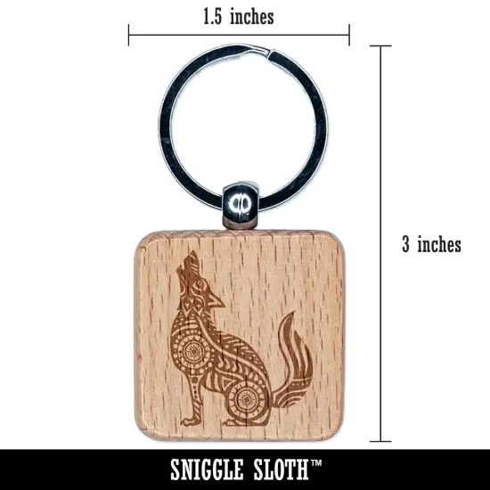 Folk Art Wolf Engraved Wood Square Keychain Tag Charm {2}