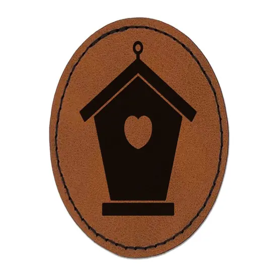 Birdhouse Silhouette with Heart Round Iron-On Engraved Faux Leather Patch Applique - 2.5" Brown {1}