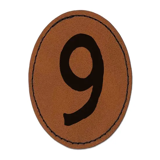 Number 9 Nine Cute Typewriter Font Round Iron-On Engraved Faux Leather Patch Applique - 2.5" Brown {1}