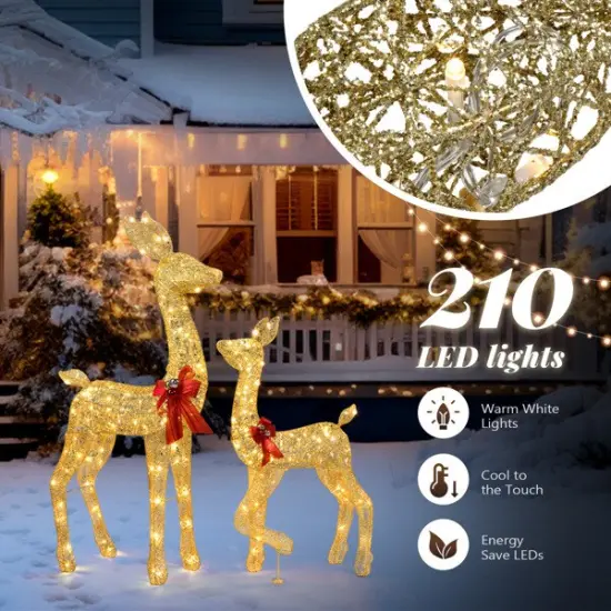 2-Piece Lighted Christmas Deer Family, Outdoor Yard Decoration Set with 210 LEDs Warm White Light, Gold {3}